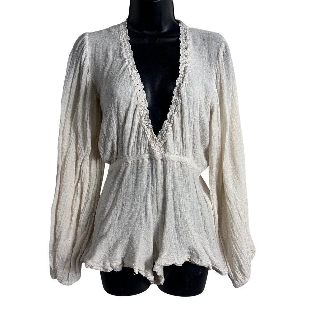 Jens‎ Pirate booty Ivory Gauze Crochet Lace Trim Deep V Boho Romper summer 2016